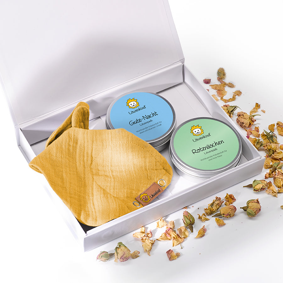 Geschenkset mit Halstuch gelb und zwei Kräuterpad-Dosen