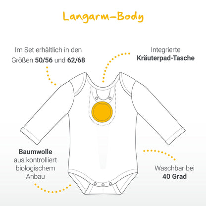 Body in verschiedenen Größen und mit integrierter Kräuterpad-Tasche. Aus kontrolliert biologischem Anbau und bis 40° waschbar