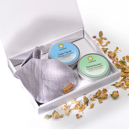 Geschenkset mit Geschenkbox, Halstuch Mini Grau und zwei Kräuterpad-Dosen (Rotznäschen und Gute-Nacht)