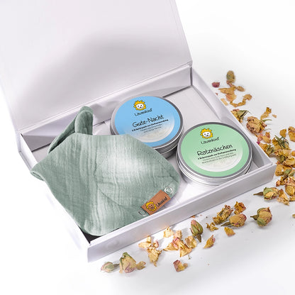 Geschenkset mit Geschenkbox, Halstuch Mini Pistazie und zwei Kräuterpad-Dosen (Rotznäschen und Gute-Nacht)