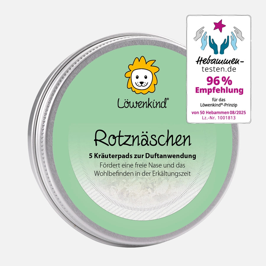 Kräuterpad-Dose "Rotznäschen" mit 5 Kräuterpads für die Erkältungszeit - Hebammen-testen-Siegel "96% Empfehlung"