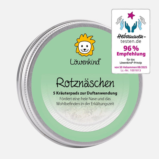 Kräuterpad-Dose "Rotznäschen" mit 5 Kräuterpads für die Erkältungszeit - Hebammen-testen-Siegel "96% Empfehlung"