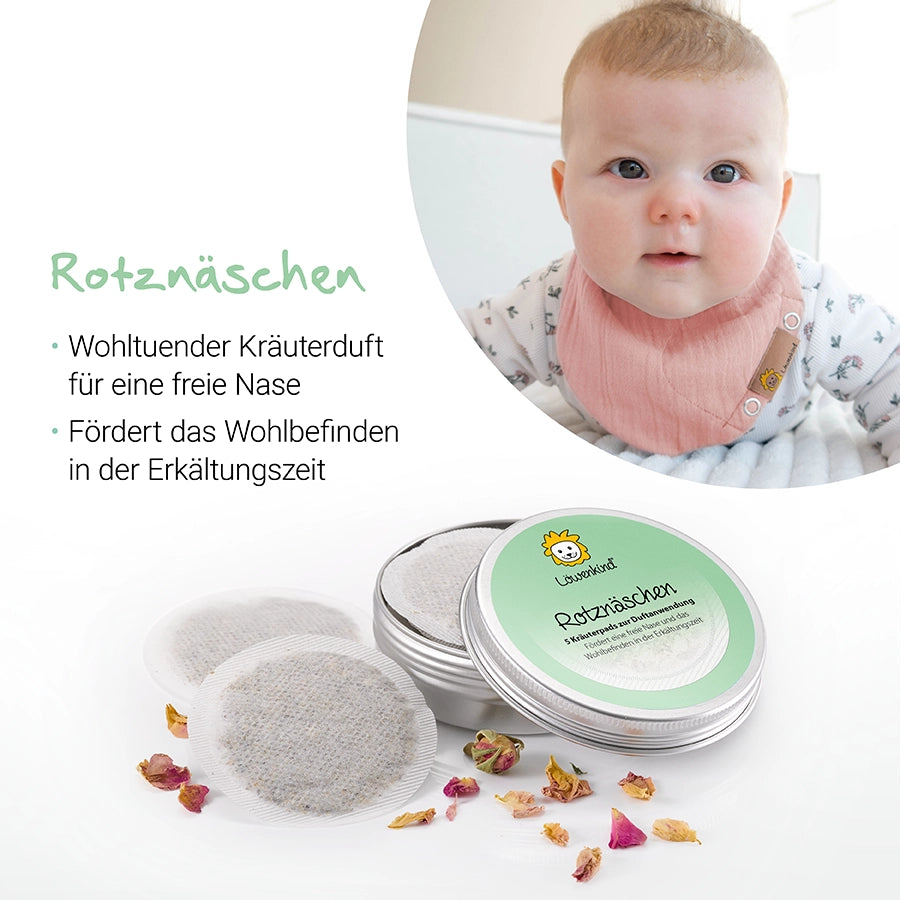 Rotznäschen-Kräuterpads für eine freie Nase und Wohlbefinden in der Erkältungszeit.
