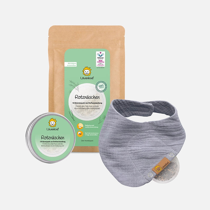 Rotzn&auml;schen-Special Set mit Musselin-Halstuch und Kr&auml;uterpad-Dosen