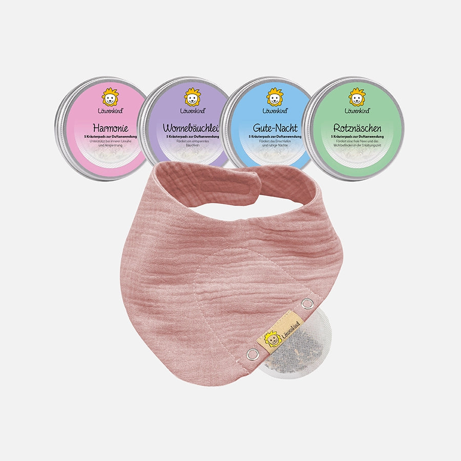 Startklar-Special mit Musselin-Halstuch Mini Altrosa und vier Kräuterpad-Dosen (Rotznäschen, Gute-Nacht, Harmonie und Wonnebäuchlein)