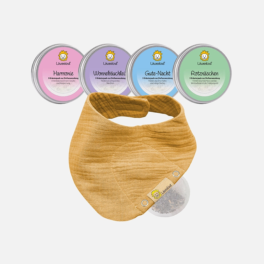 Startklar-Special mit Musselin-Halstuch Mini Senfgelb und vier Kräuterpad-Dosen (Rotznäschen, Gute-Nacht, Harmonie und Wonnebäuchlein)