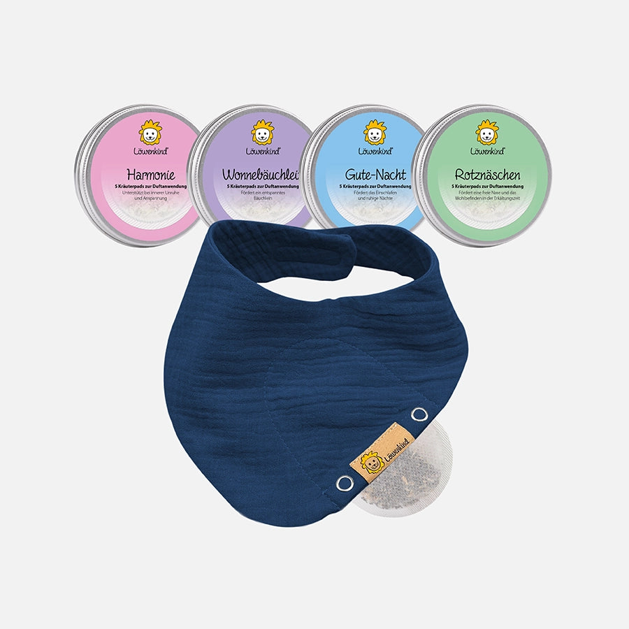 Startklar-Special mit Musselin-Halstuch Mini Dunkelblau und vier Kräuterpad-Dosen (Rotznäschen, Gute-Nacht, Harmonie und Wonnebäuchlein)