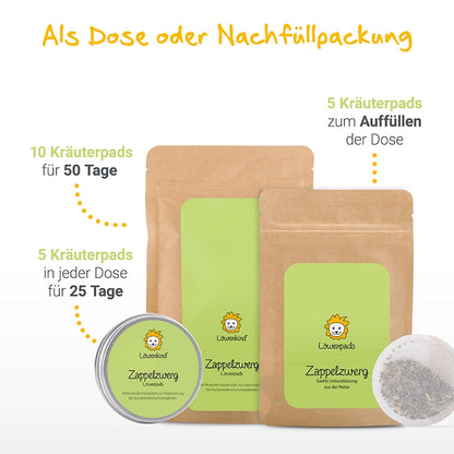 Zappelzwerg in 5er Dose (25 Tage), in 5er Nachfüllpackung (5 Tage) oder in 10er Nachfüllpackung (50 Tage)