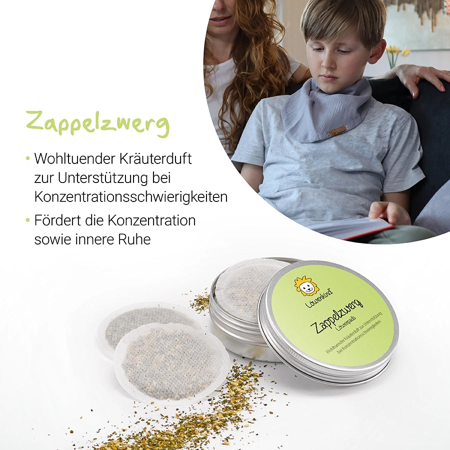 Zappelzwerg-Kräuterpad zur Unterstützung bei Konzentrationsschwierigkeiten und für innere Ruhe.