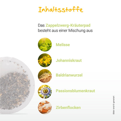 Zappelzwerg-Käuterpad mit Melisse, Johanniskraut, Baldrianwurzel, Passionsblumenkraut und Zirbenflocken.