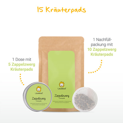 1 Dose mit 5 Zappelzwerg-Pads und eine Nachfüllpackung mit 10 Kräuterpads